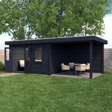 7m X 3m Lugarde Newport Pent Summerhouse With Side Canopy In 28mm & 44mm Wall Thickness - Black - in situ, angle view, doors open