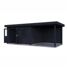 7m X 3m Lugarde Newport Pent Summerhouse With Side Canopy In 28mm & 44mm Wall Thickness - Black - isolated angle view, doors open