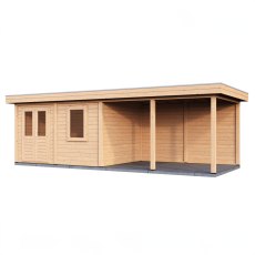 8m x 3m Lugarde Exeter Pent Summerhouse With Side Canopy In 28mm & 44mm Wall Thickness - isolated angle view, doors closed