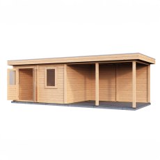 8m x 3m Lugarde Exeter Pent Summerhouse With Side Canopy In 28mm & 44mm Wall Thickness - isolated angle view, doors open