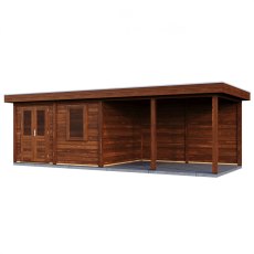 8m x 3m Lugarde Exeter Pent Summerhouse With Side Canopy In 28mm & 44mm Wall Thickness - Brown - isolated angle view