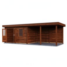 8m x 3m Lugarde Exeter Pent Summerhouse With Side Canopy In 28mm & 44mm Wall Thickness - Brown - isolated angle view, doors open