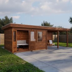 8m x 3m Lugarde Exeter Pent Summerhouse With Side Canopy In 28mm & 44mm Wall Thickness - Brown - in situ, angle view