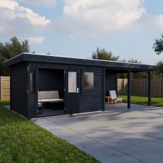 8m X 3m Lugarde Exeter Pent Summerhouse With Side Canopy In 28mm & 44mm Wall Thickness - Black - in situ, angle view, doors open