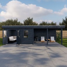 8m X 3m Lugarde Exeter Pent Summerhouse With Side Canopy In 28mm & 44mm Wall Thickness - Black - in situ, front view, doors open