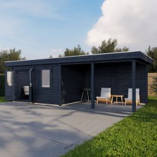 8m X 3m Lugarde Exeter Pent Summerhouse With Side Canopy In 28mm & 44mm Wall Thickness - Black - in situ, angle view, doors open