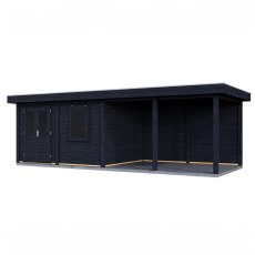 8m X 3m Lugarde Exeter Pent Summerhouse With Side Canopy In 28mm & 44mm Wall Thickness - Black - isolated angle view, doors closed