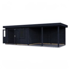 8m X 3m Lugarde Exeter Pent Summerhouse With Side Canopy In 28mm & 44mm Wall Thickness - Black - isolated angle view, doors open