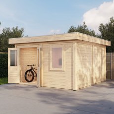 4m x 4m Lugarde Bristol Pent Summerhouse In 28mm & 44mm Wall Thickness - in situ, angle view, doors open