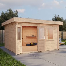 4m x 4m Lugarde Bristol Pent Summerhouse In 28mm & 44mm Wall Thickness - in situ, angle view, doors open