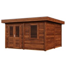 4m X 4m Lugarde Bristol Pent Summerhouse In 28mm & 44mm Wall Thickness - Brown - isolated angle view, doors closed