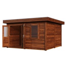 4m X 4m Lugarde Bristol Pent Summerhouse In 28mm & 44mm Wall Thickness - Brown - isolated angle view, doors open