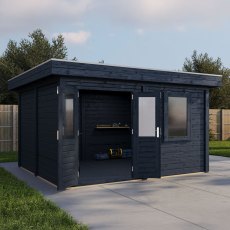 4m X 4m Lugarde Bristol Pent Summerhouse In 28mm & 44mm Wall Thickness - Black - in situ, angle view, doors open