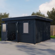 4m X 4m Lugarde Bristol Pent Summerhouse In 28mm & 44mm Wall Thickness - Black - in situ, angle view, doors open