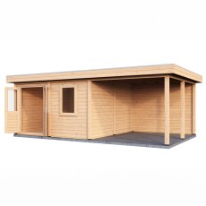 7m X 4m Lugarde Norwich Pent Summerhouse With Side Canopy In 28mm & 44mm Wall Thickness - isolated angle view, doors open