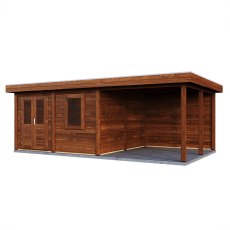 7m X 4m Lugarde Norwich Pent Summerhouse With Side Canopy In 28mm & 44mm Wall Thickness - Brown - isolated angle view, doors closed