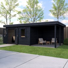 7m X 4m Lugarde Norwich Pent Summerhouse With Side Canopy In 28mm & 44mm Wall Thickness - Black - in situ, angle view, doors open