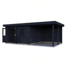 7m X 4m Lugarde Norwich Pent Summerhouse With Side Canopy In 28mm & 44mm Wall Thickness - Black - isolated angle view, doors open