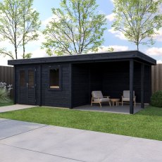 7m X 4m Lugarde Norwich Pent Summerhouse With Side Canopy In 28mm & 44mm Wall Thickness - Black - in situ, angle view