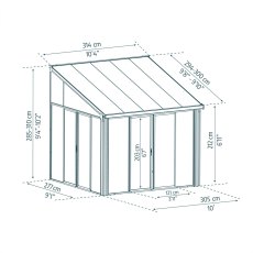 10 X 10 (3.05m X 3.05m) Palram Canopia SanRemo Verandah Grey Sun Room - dimensions