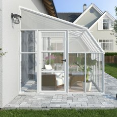 8 X 8 Palram Canopia Rion White Sun Room Walk In Wall Greenhouse - in situ, front view