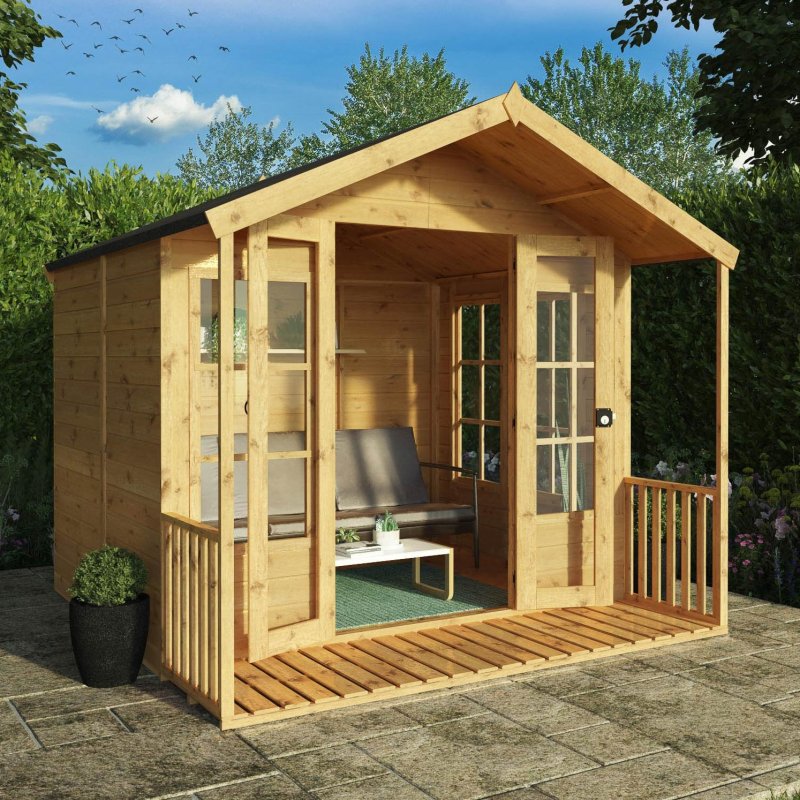 8x8 Mercia Premium Traditional Summerhouse with Veranda - in situ, angle view, doors open