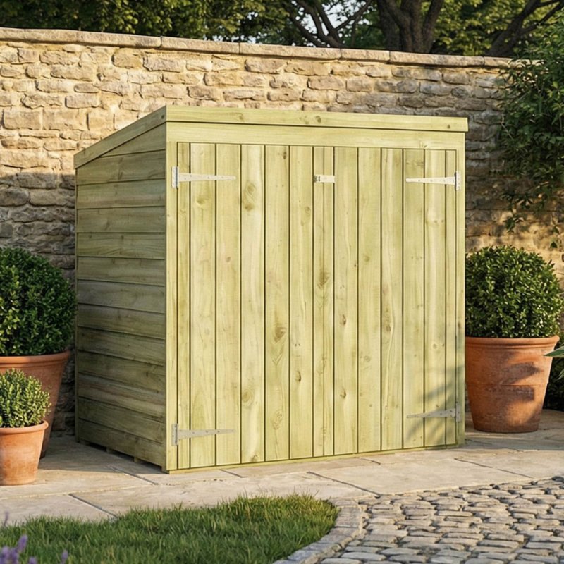 3x5 Mercia Overlap Pent Mower Store - in situ - angle view - doors closed