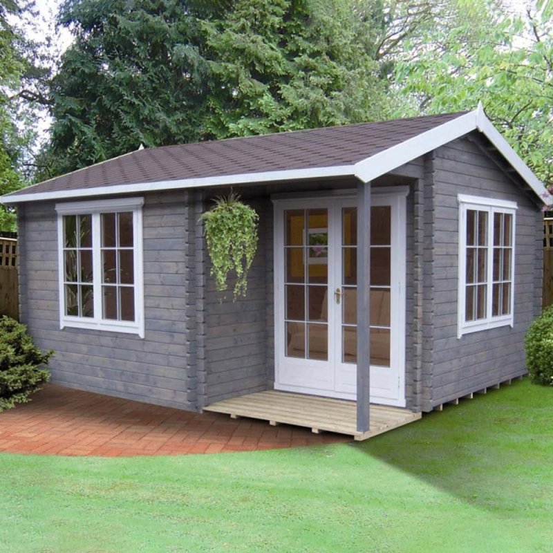 14Gx17 Shire Twyford Log Cabin (34mm to 70mm Logs) - in situ, angle view