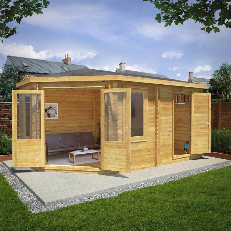 5mx3m Mercia Corner Lodge Plus Log Cabin with Side Shed (28mm to 44mm Logs) - lifestyle with side shed on the right with both doors open