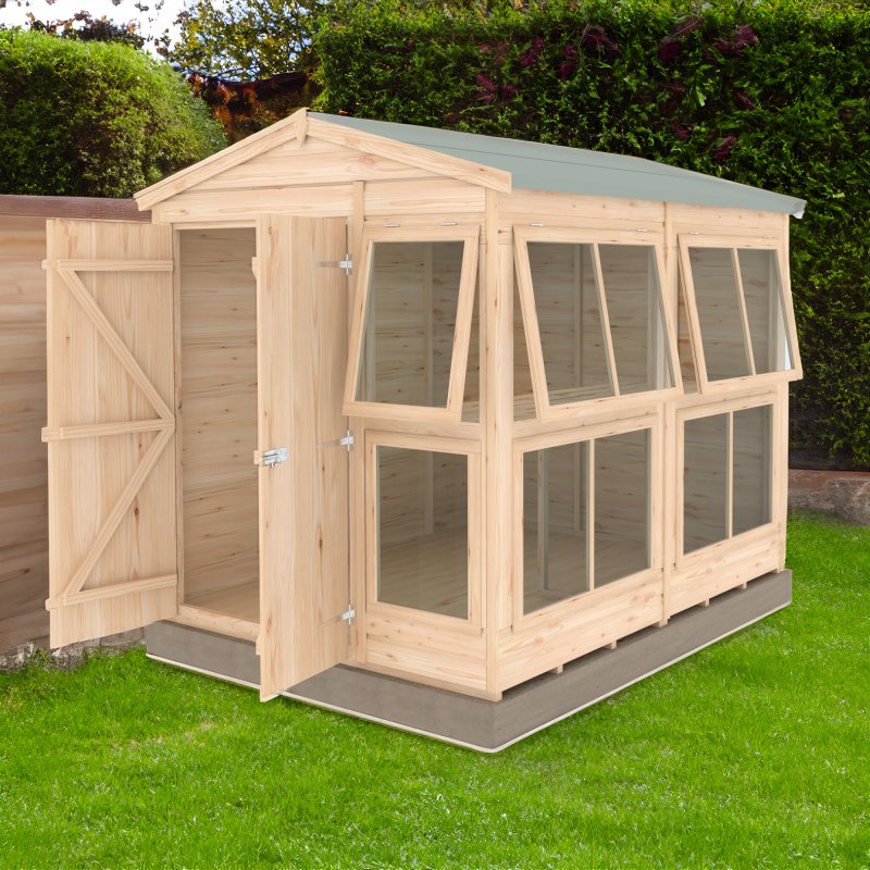 6x8 Shire Shiplap Apex Sun Hut Potting Shed - in situ