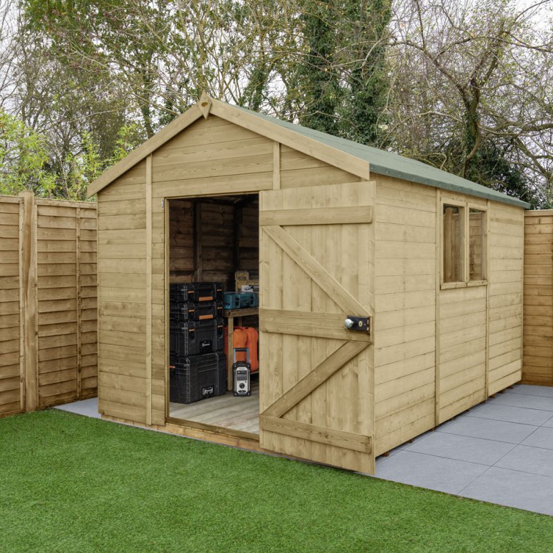 12 X 8 Forest Timberdale Tongue & Groove Apex Wooden Shed - Pressure Treated - in situ - Doors open