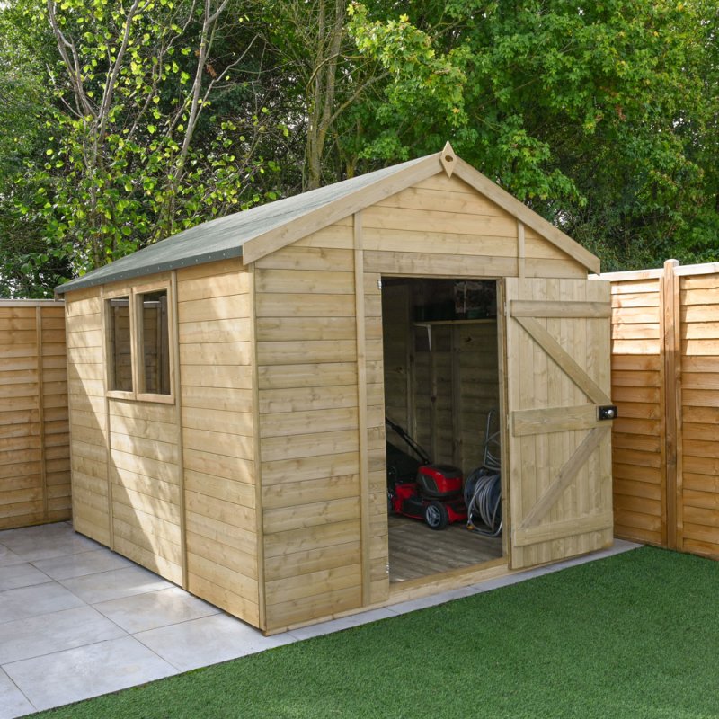 10 X 8 Forest Timberdale Tongue & Groove Apex Wooden Shed - Pressure Treated - in situ - doors open