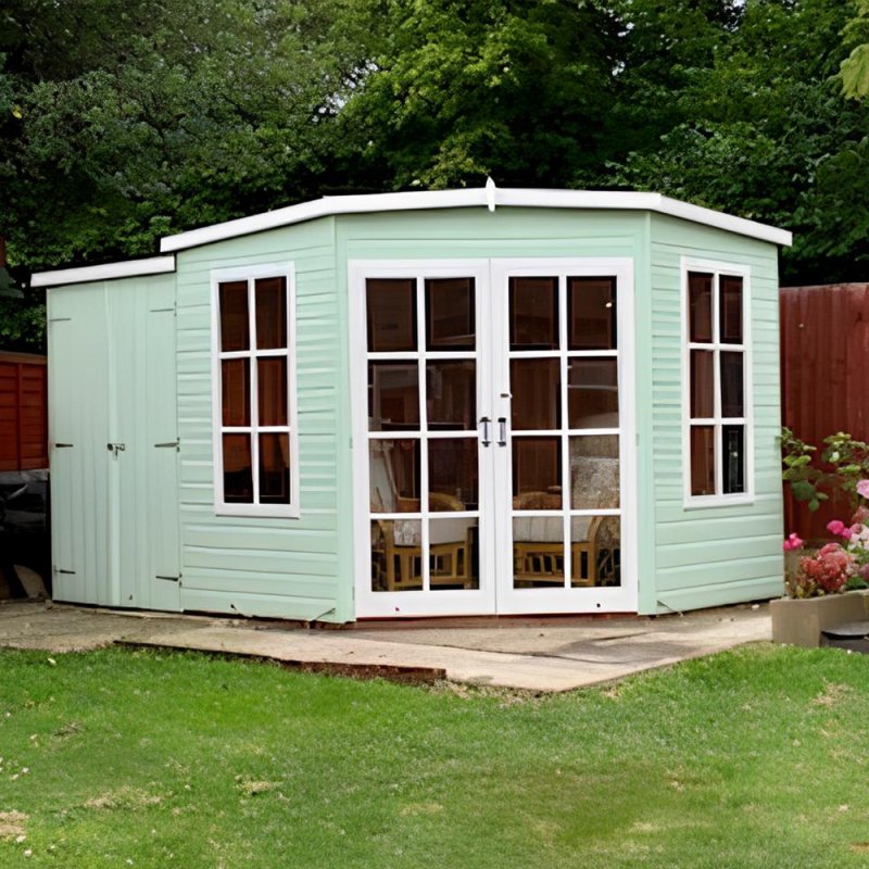 7x11 Shire Hampton Premium Corner Summerhouse with Side Shed - in situ, isolated angle view