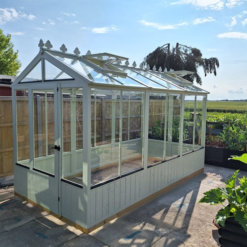 6 x 12 Shire Holkham Wooden Greenhouse - in situ, angle view