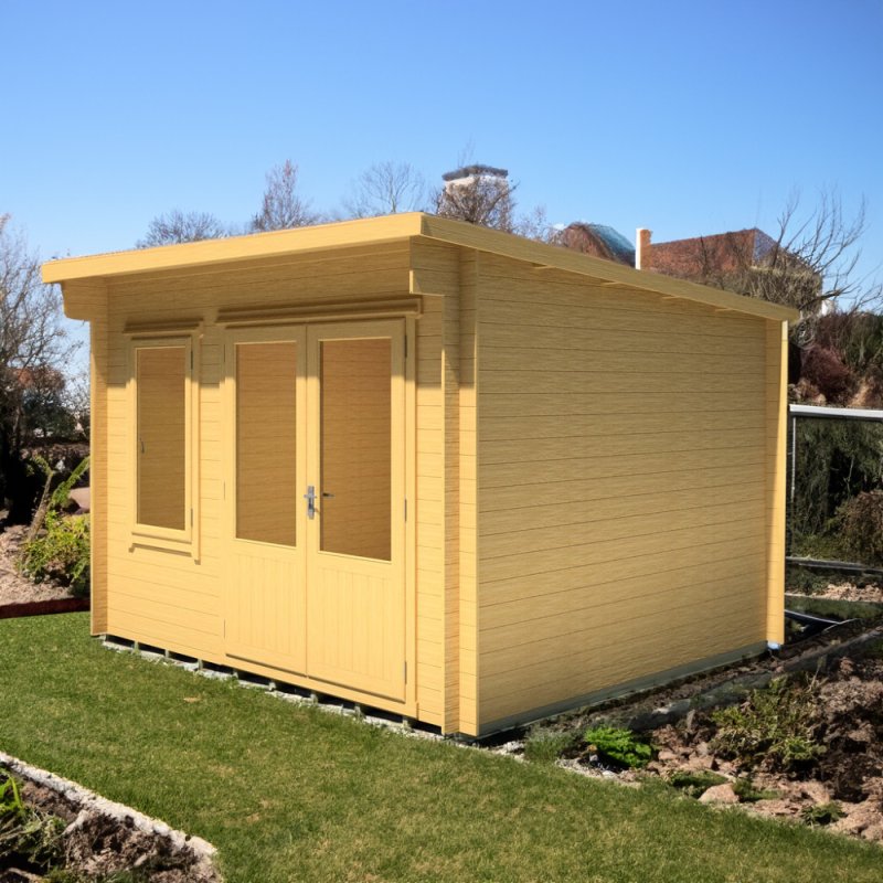 11x10G Shire Edgefield Pent Log Cabin (19mm Logs) - in situ, angle view