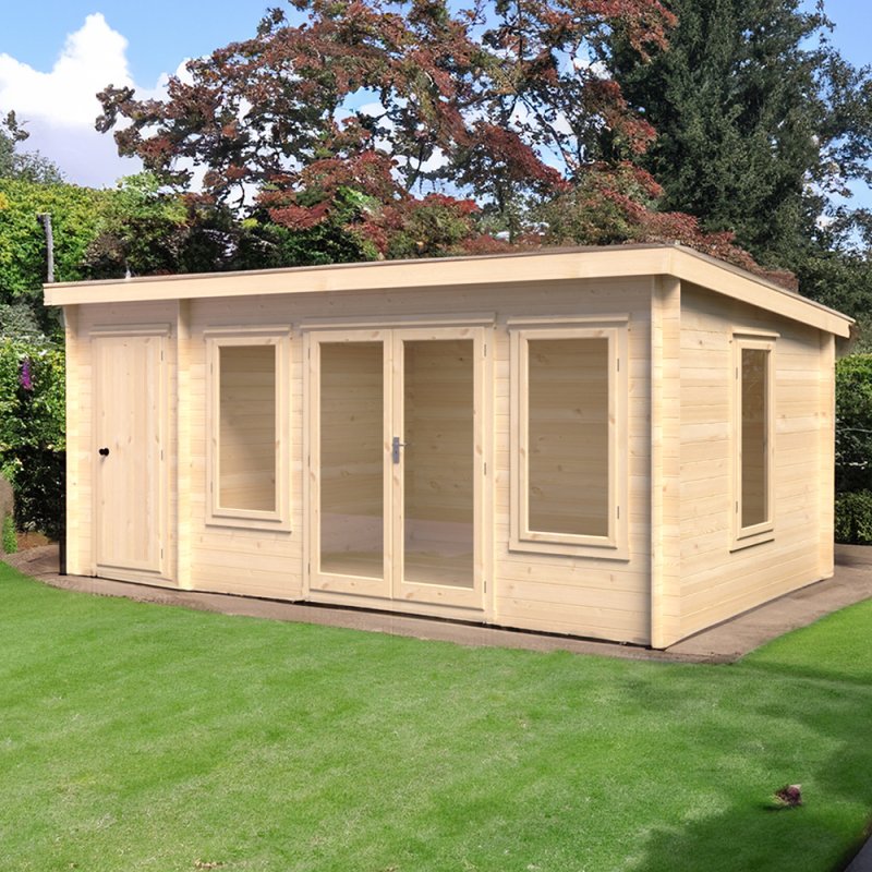 10G x 17  Shire Elm Pent Log Cabin With Side Storage (19mm Logs) - in situ, angle view, doors closed