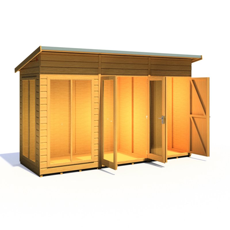 12x4 Shire Lela Pent Summerhouse with Side Shed - isolated angle view, doors open