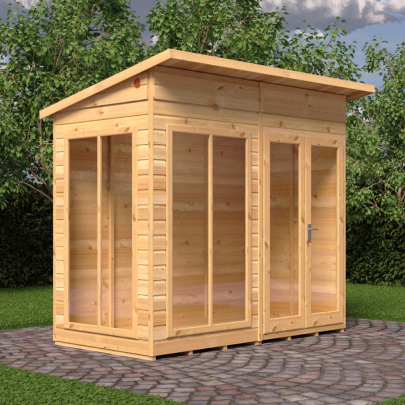 8 x 4 Shire Lela Pent Summerhouse - in situ, angle view, doors closed