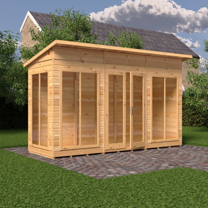 12 x 4 Shire Lela Pent Summerhouse - in situ, angle view, doors closed