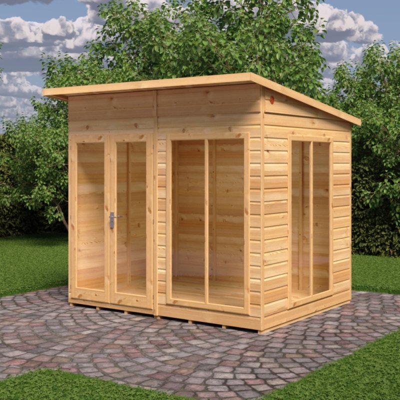 8 X 6 Shire Lela Pent Summerhouse - in situ, angle view, doors closed