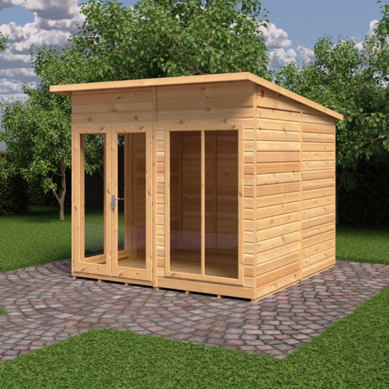 8 x 8 Shire Lela Pent Summerhouse - in situ, angle view, doors closed