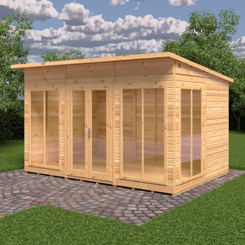 12 x 8 Shire Lela Pent Summerhouse - in situ, angle view, doors closed