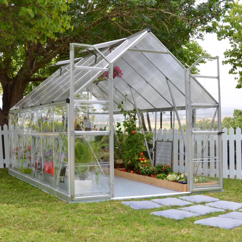 8x12 Palram - Canopia Balance Greenhouse - Silver - in situ, angle view, doors open