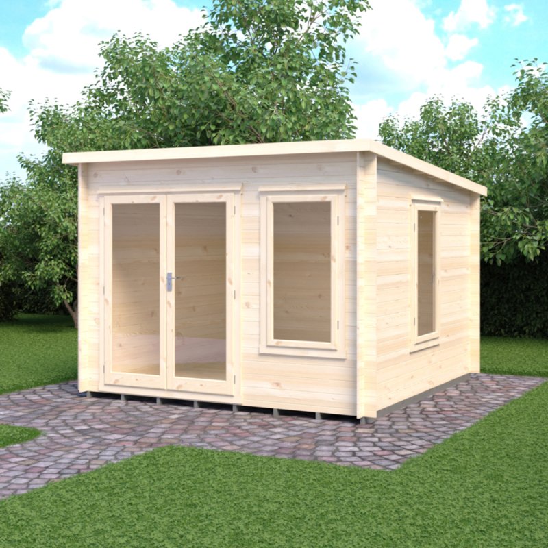 10Gx10 Shire Emneth Pent Log Cabin In 19mm Logs - in situ, angle view, doors closed