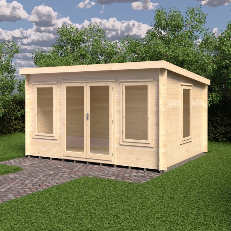 10Gx13 Shire Emneth Pent Log Cabin In 19mm Logs - in situ, angle view, doors closed