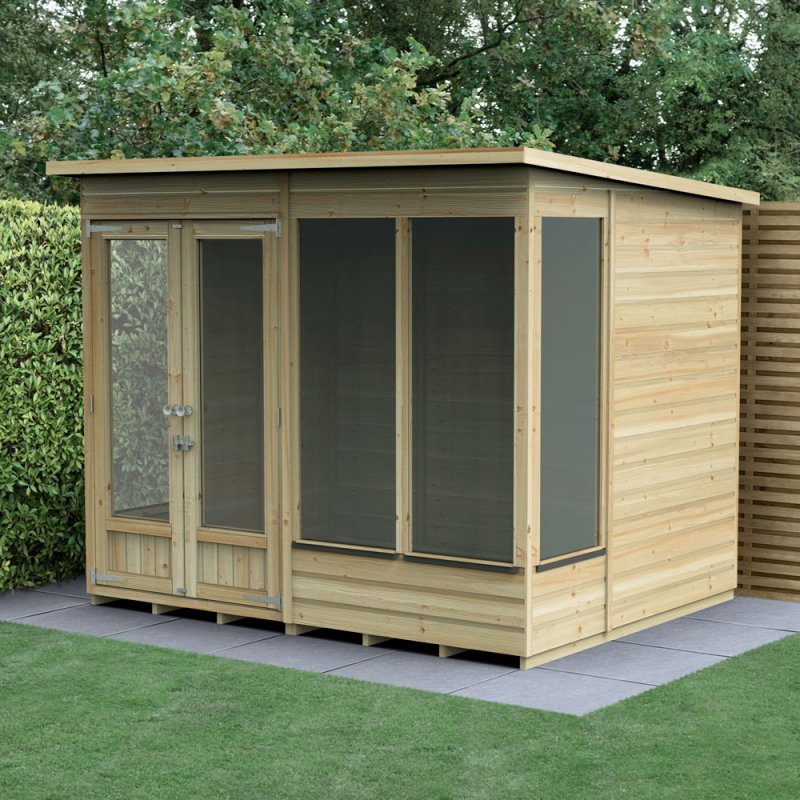 8x6 Forest Beckwood Pent Summerhouse with Double Doors - 25yr Guarantee - in situ, angle view, doors closed