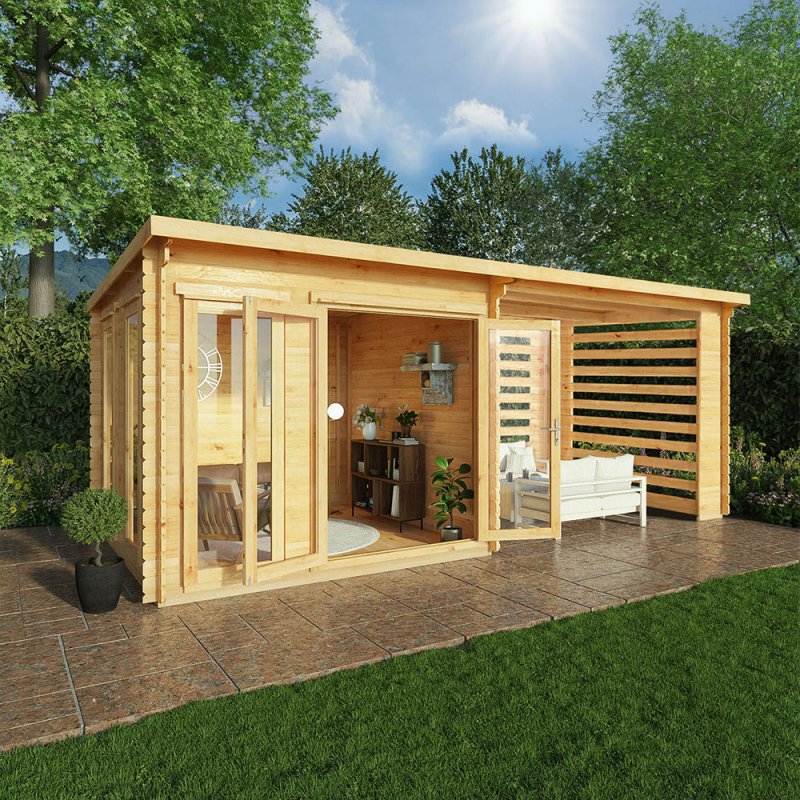 6m x 3m Mercia Studio Pent Log Cabin With Slatted Area - In Situ, Doors Open