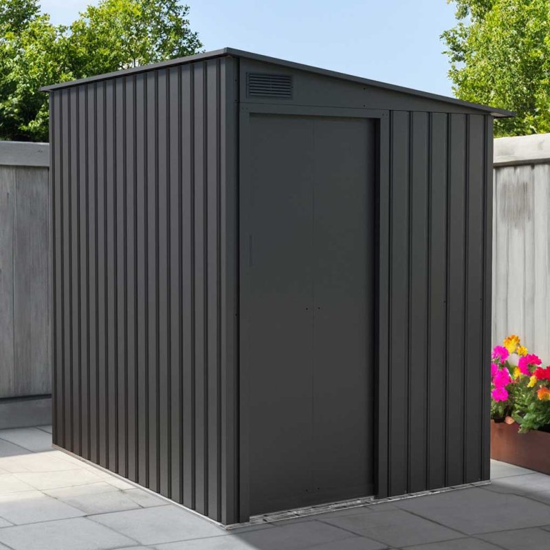 5x7 Lotus Arley Lean-to Metal Shed in  Anthracite Grey - in situ, angle view, closed