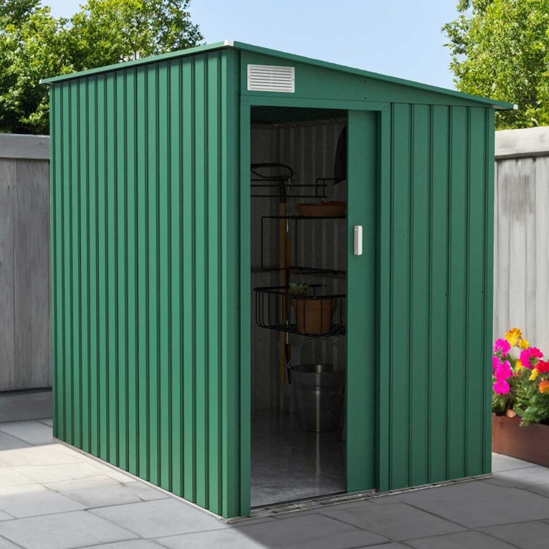 5x7 Lotus Arley Lean-to Metal Shed in Heritage Green - in situ, angle view, doors open