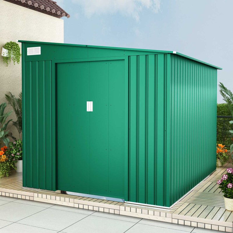 7x9 Lotus Arley Lean-to Metal Shed in  Heritage Green - in situ, angle view, doors closed